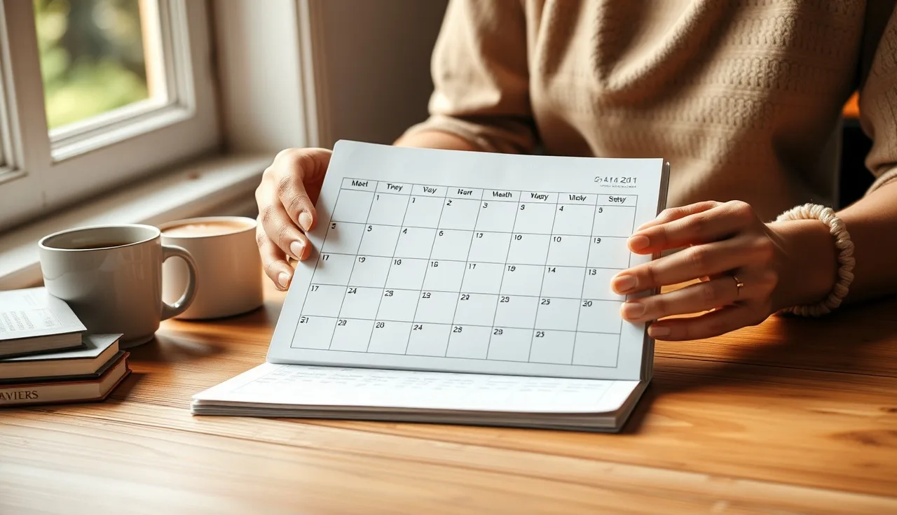 Hands holding an open monthly planner on a wooden kitchen table with morning light