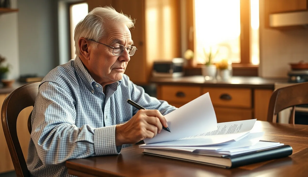 Older adult reviewing disability paperwork at a kitchen table in morning light