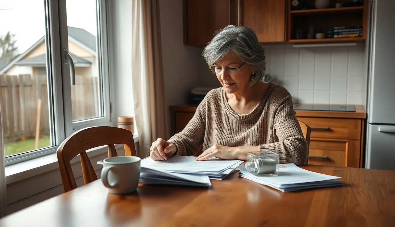 Woman reviewing disability benefit documents at a kitchen table in morning light