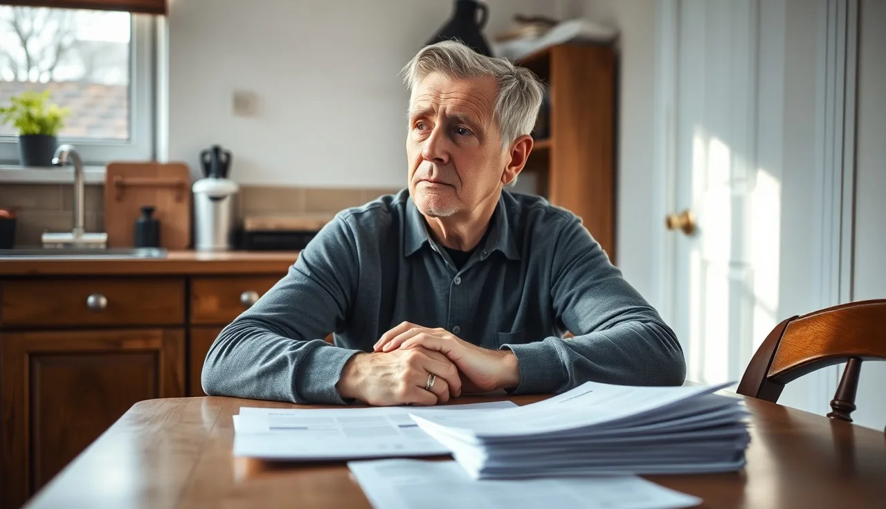 Person reviewing disability benefit paperwork at a kitchen table in morning light