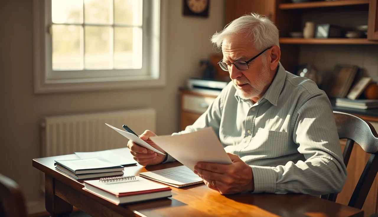 Older man reviewing financial papers at kitchen table considering retirement account and SSI eligibility