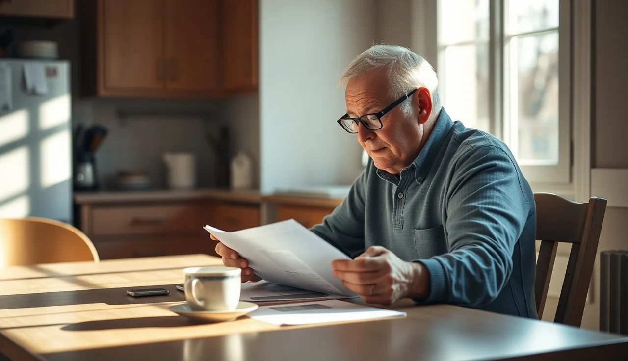 Man reviewing disability benefit paperwork at kitchen table in morning light