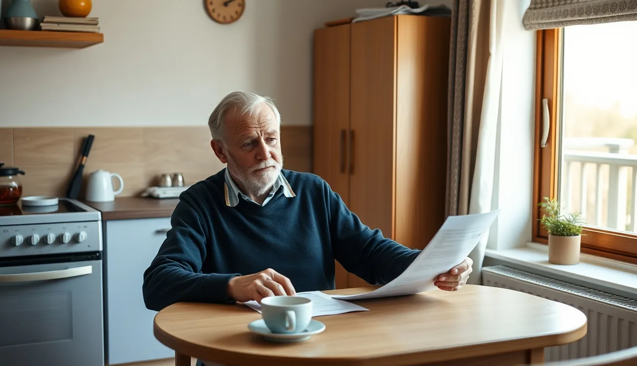 Older man reviewing SSI paperwork at kitchen table while waiting for disability approval