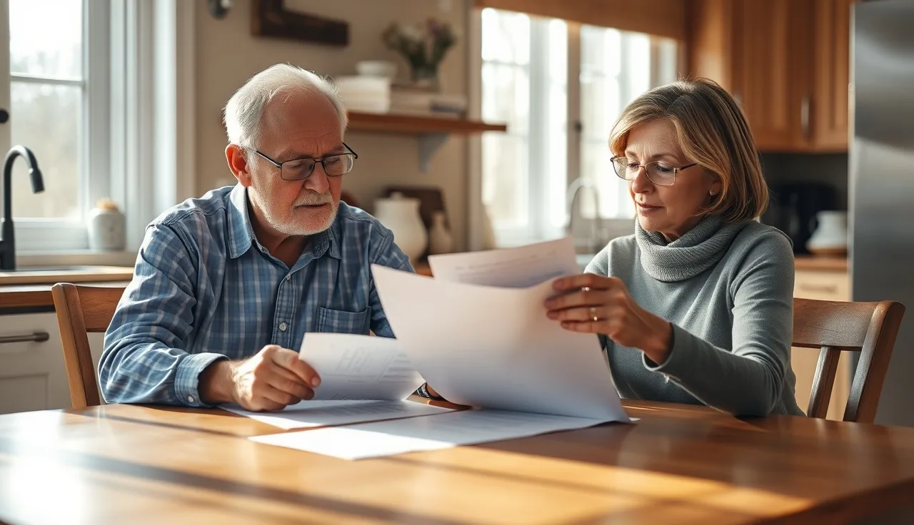 Two people reviewing disability benefit paperwork at a kitchen table