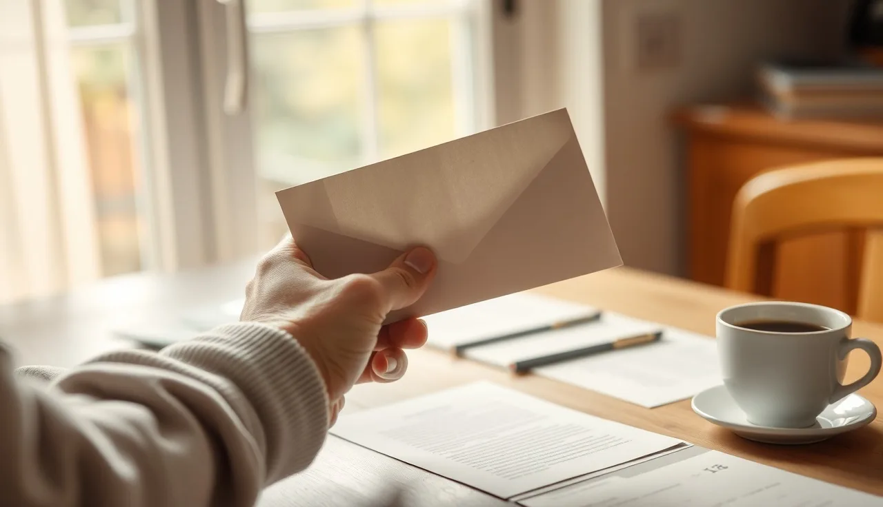 Elderly person holding a sealed legal envelope at a kitchen table, SSI inheritance decision