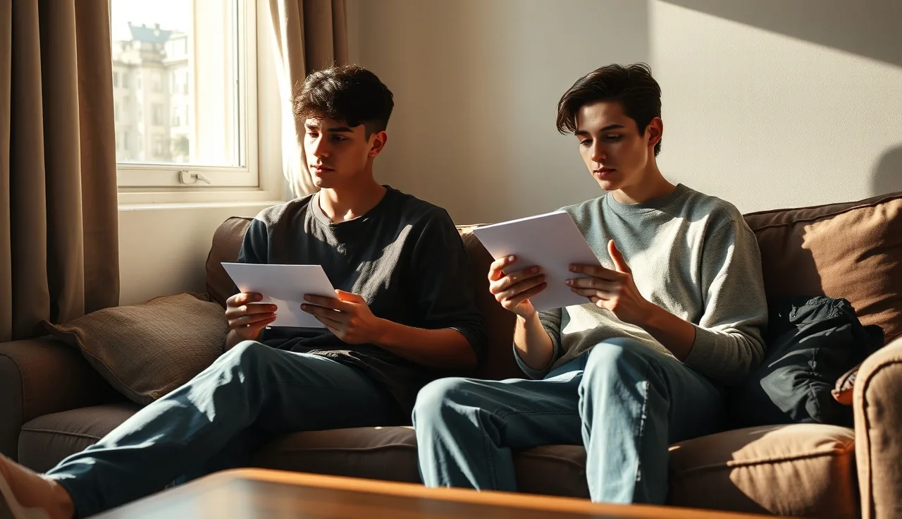 Young couple sitting together on a couch reviewing paperwork related to disability benefits