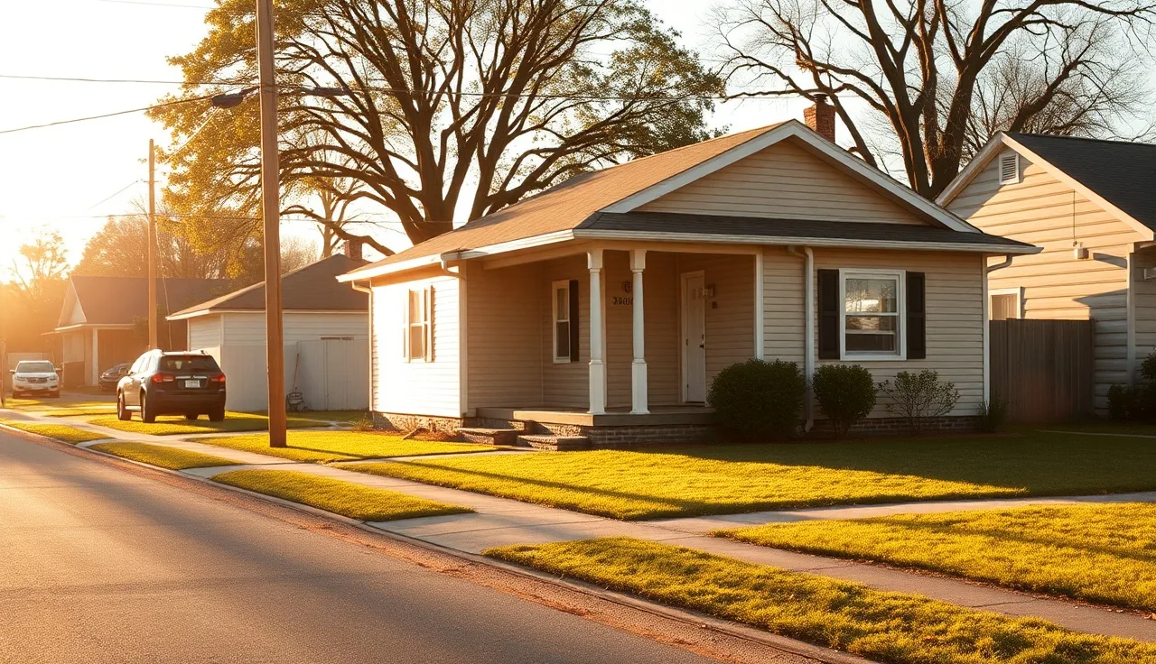Modest house on a quiet residential street in warm afternoon light