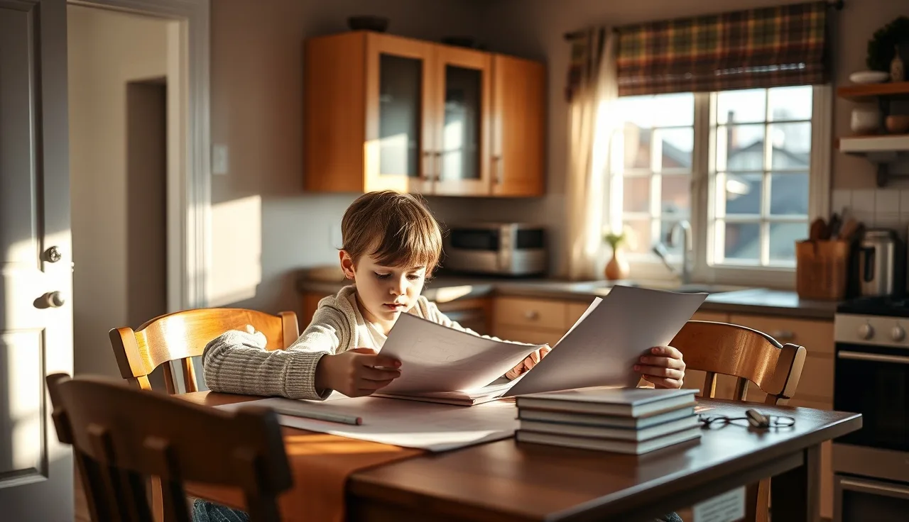 Mother and child reviewing documents at kitchen table related to disability benefits