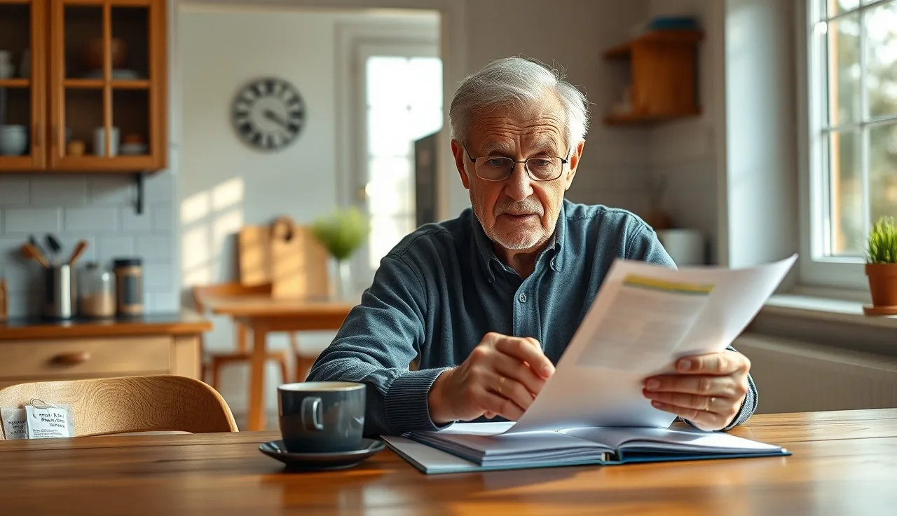 Older man reviewing life insurance and SSI documents at a kitchen table