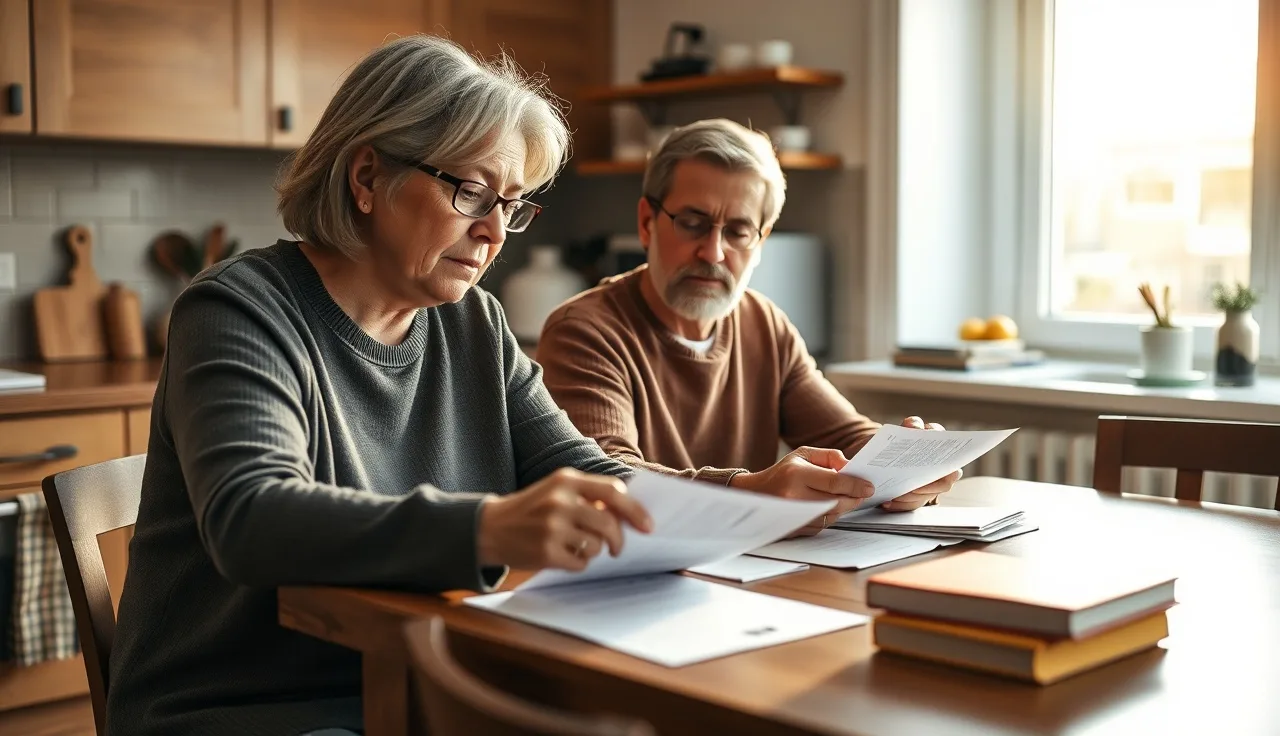 Couple reviewing disability paperwork together at kitchen table