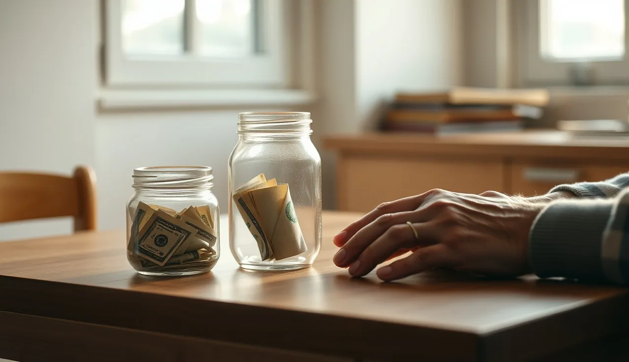 Elderly person's hands near a small savings jar representing burial fund planning