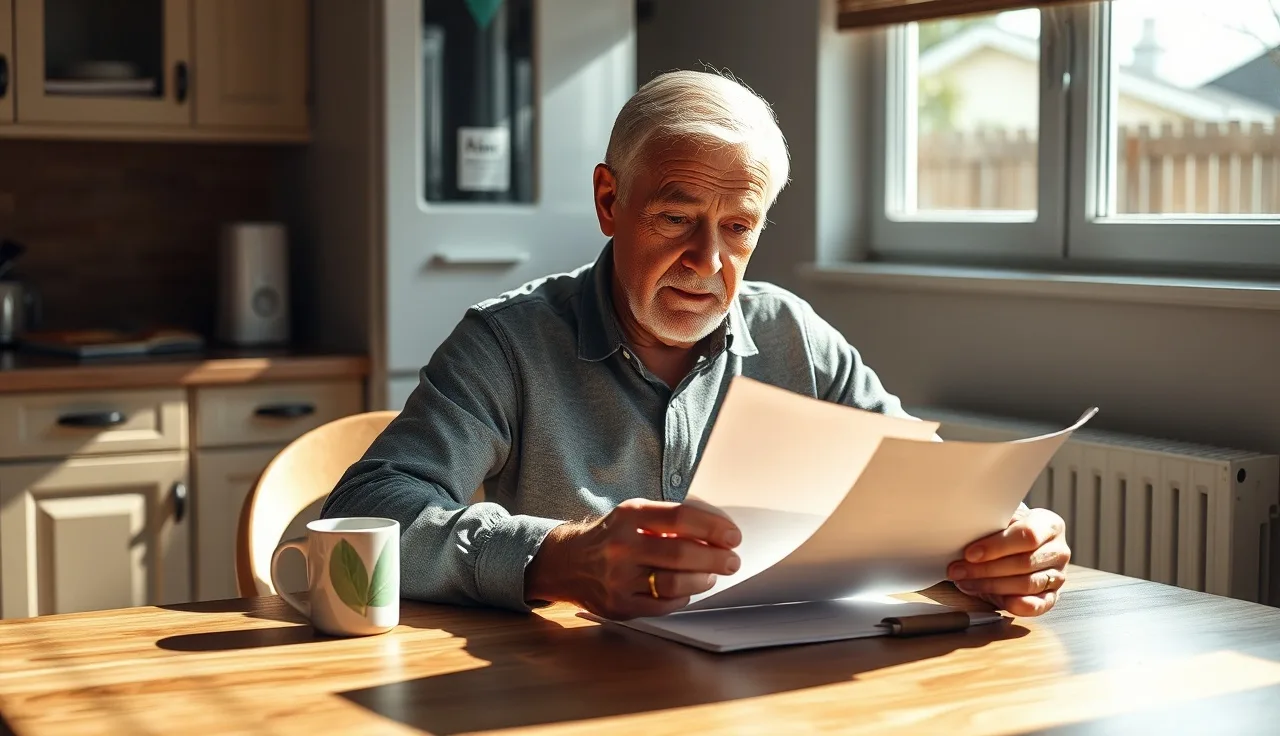 Older man reviewing disability benefit papers at a kitchen table in morning light