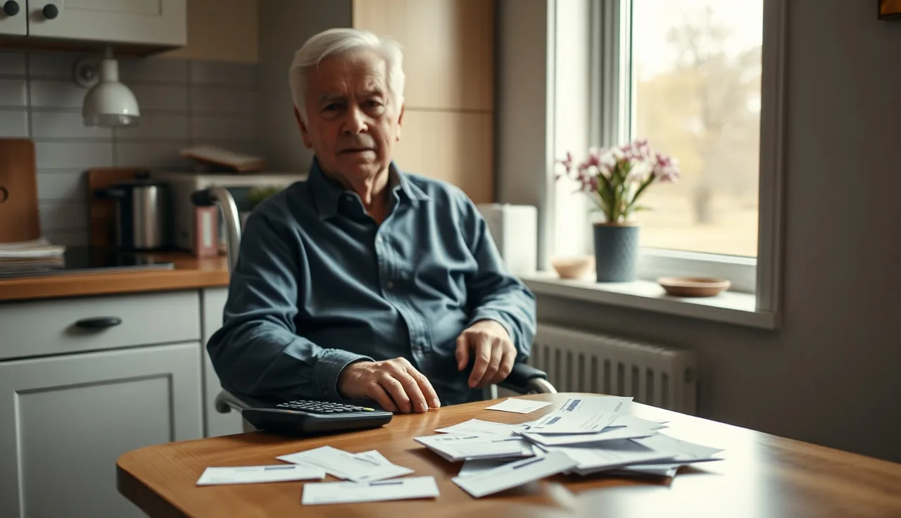 Person with mobility aid reviewing pay envelopes and calculator at kitchen table