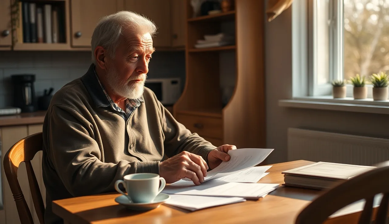 Older man reviewing disability benefit papers at a kitchen table in morning light