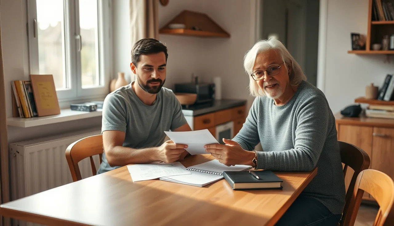 Two roommates reviewing shared living expense documents at a kitchen table