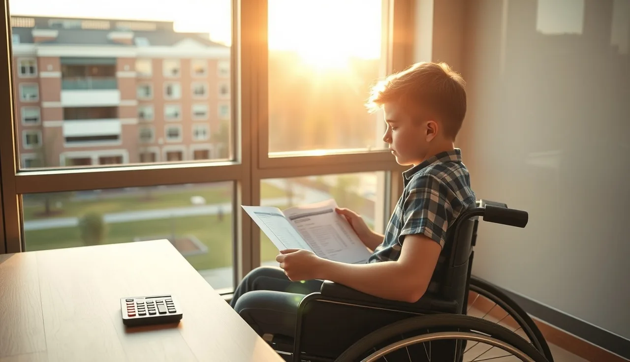 Young wheelchair user reviewing financial paperwork at a sunlit campus desk