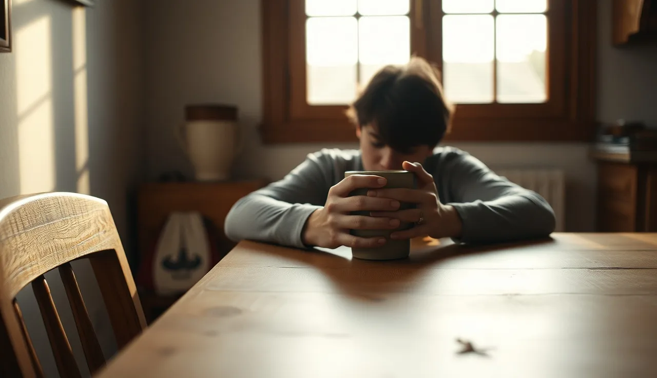 Person sitting alone at a kitchen table in morning light, reflecting quietly