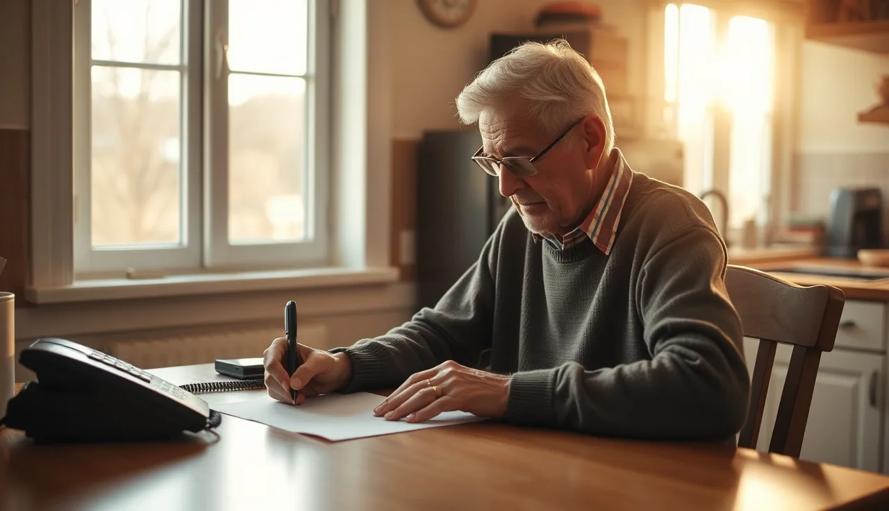 Person writing at kitchen table while reporting SSI changes by phone