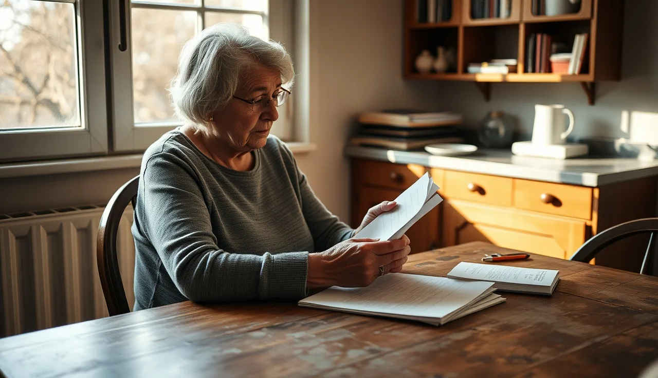 Elderly woman organizing SSI overpayment documents at kitchen table