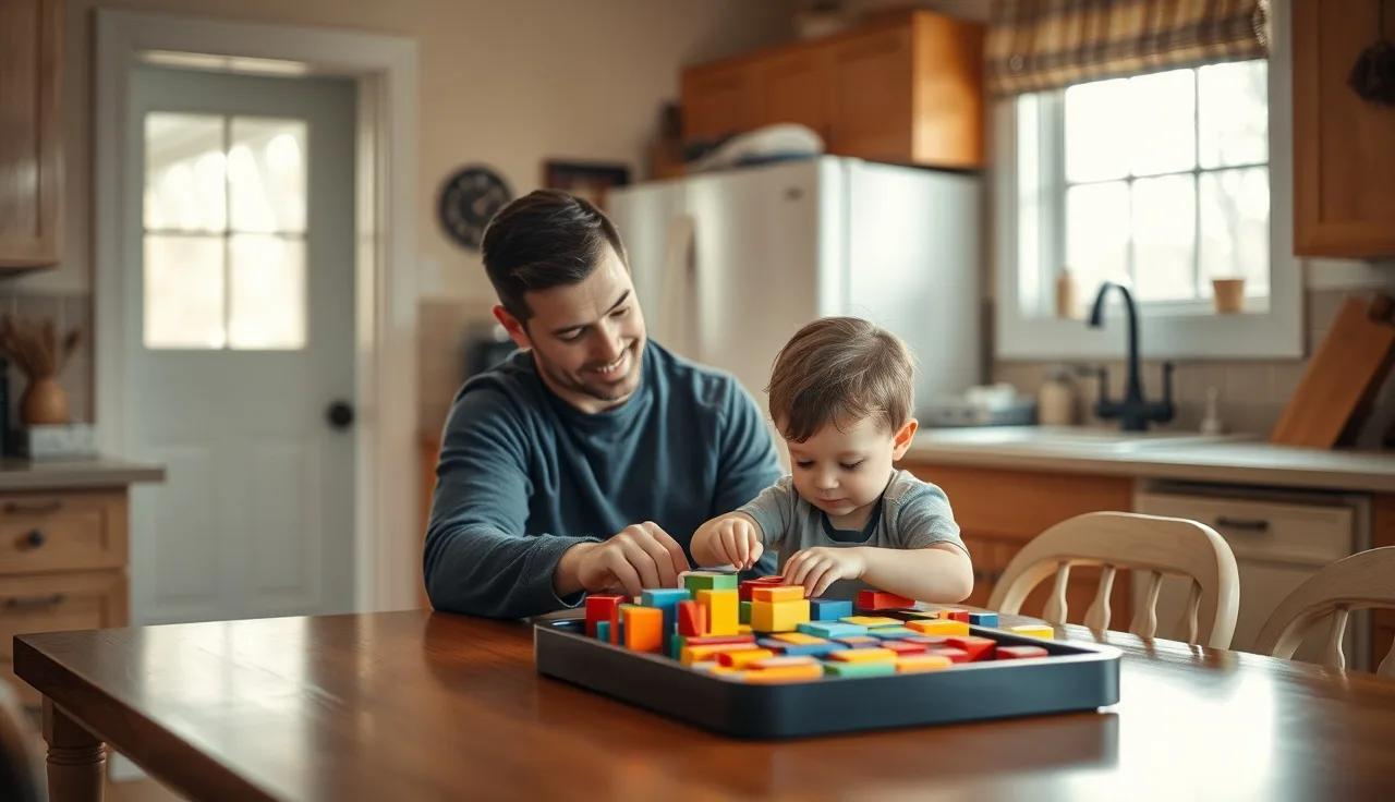 Parent and child with autism working together at a kitchen table in Indiana home