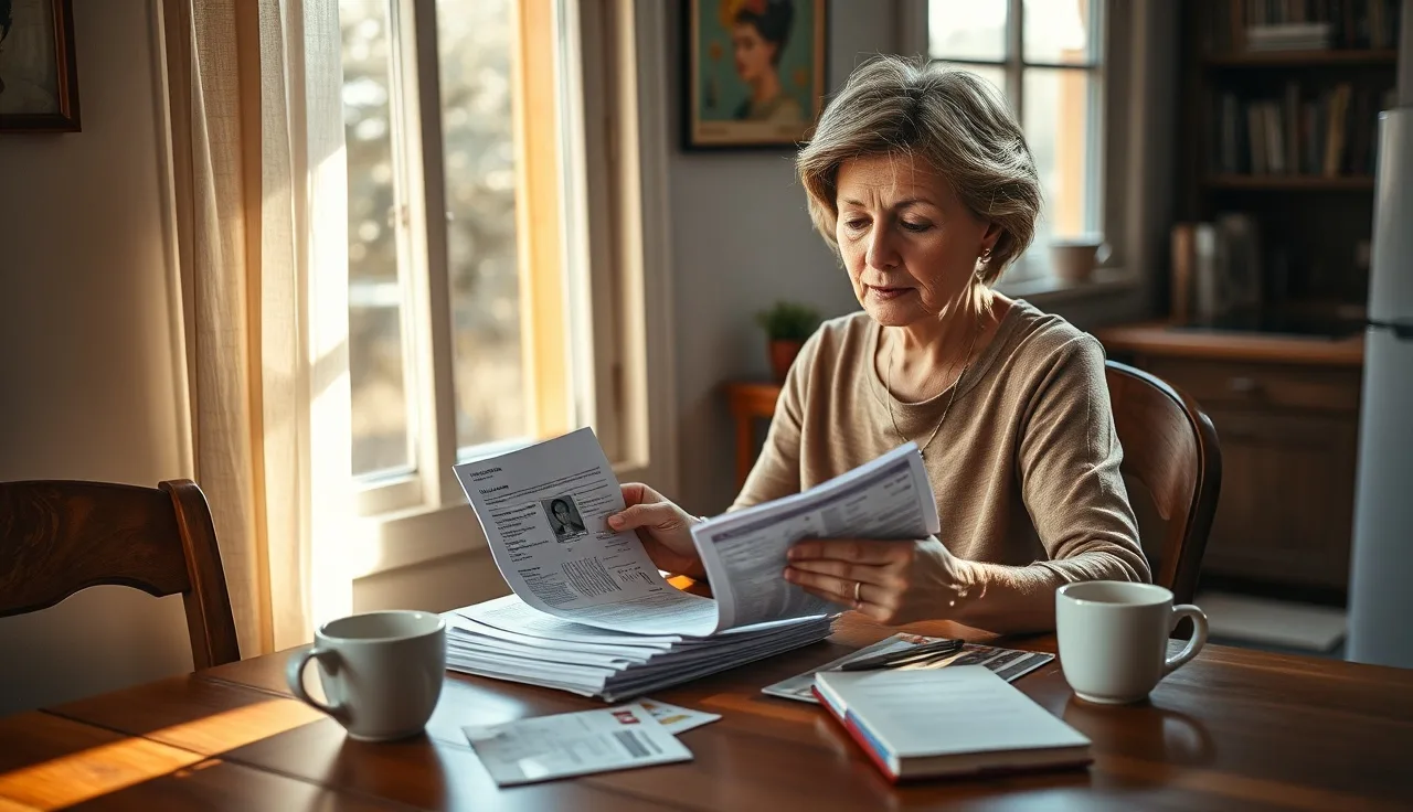 Woman reviewing immigration and disability paperwork at a kitchen table