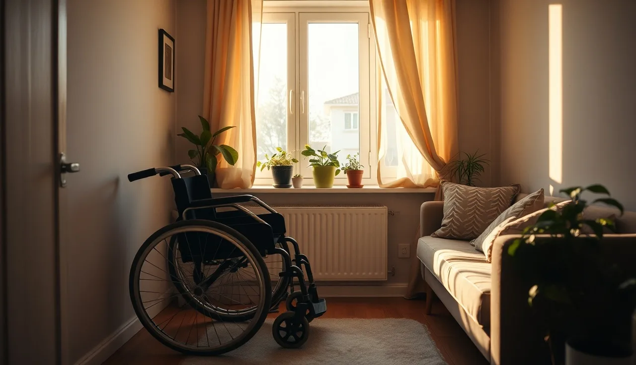 Sunlit apartment living room with a wheelchair beside a window, representing disability housing