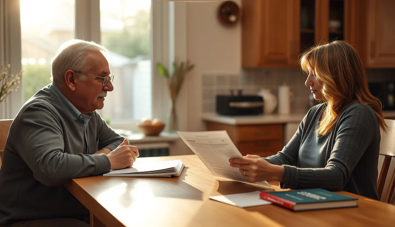 Two people reviewing disability benefit paperwork at a kitchen table