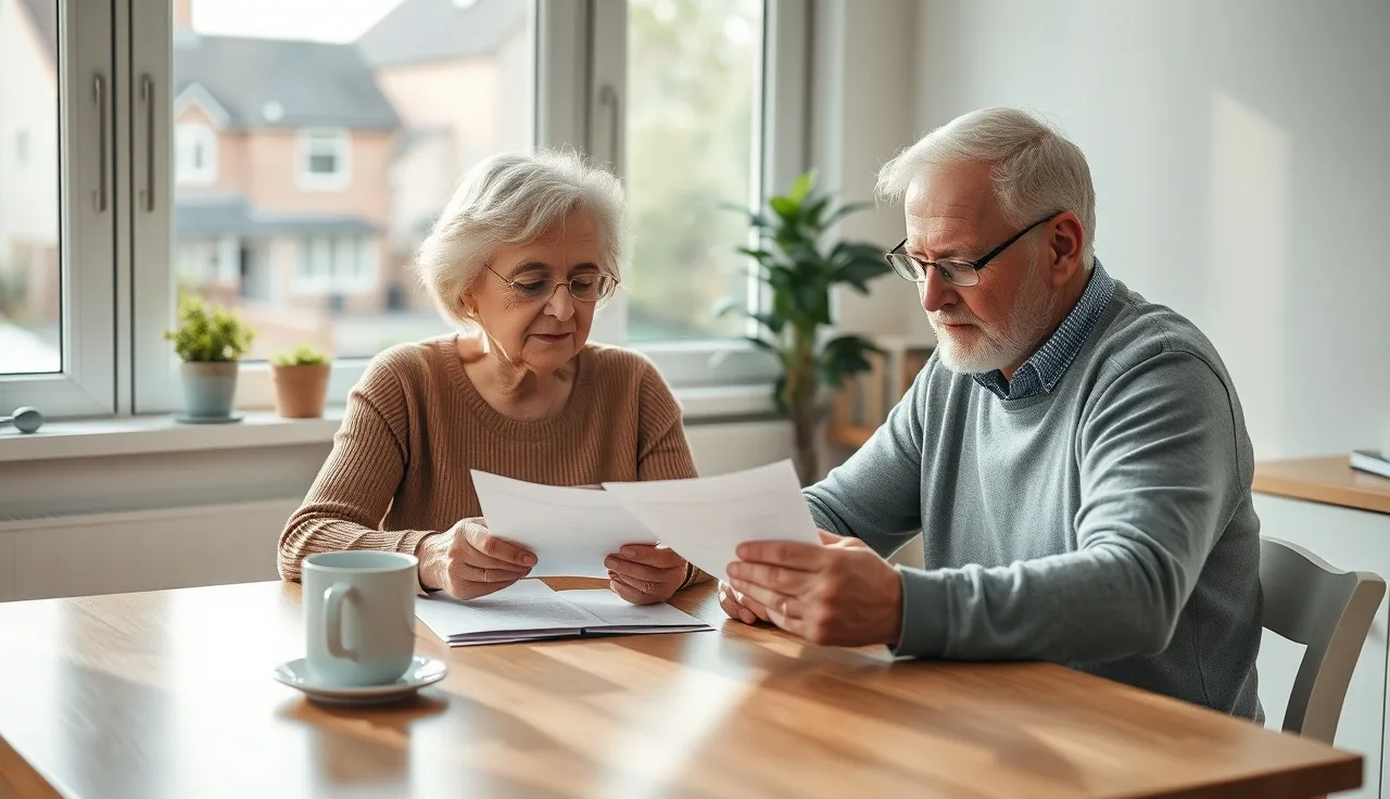 Two people reviewing disability paperwork at a kitchen table in morning light