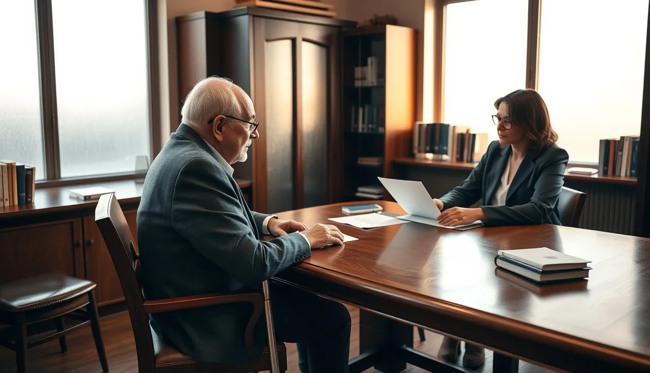 Disability claimant seated across from a lawyer reviewing SSI case documents