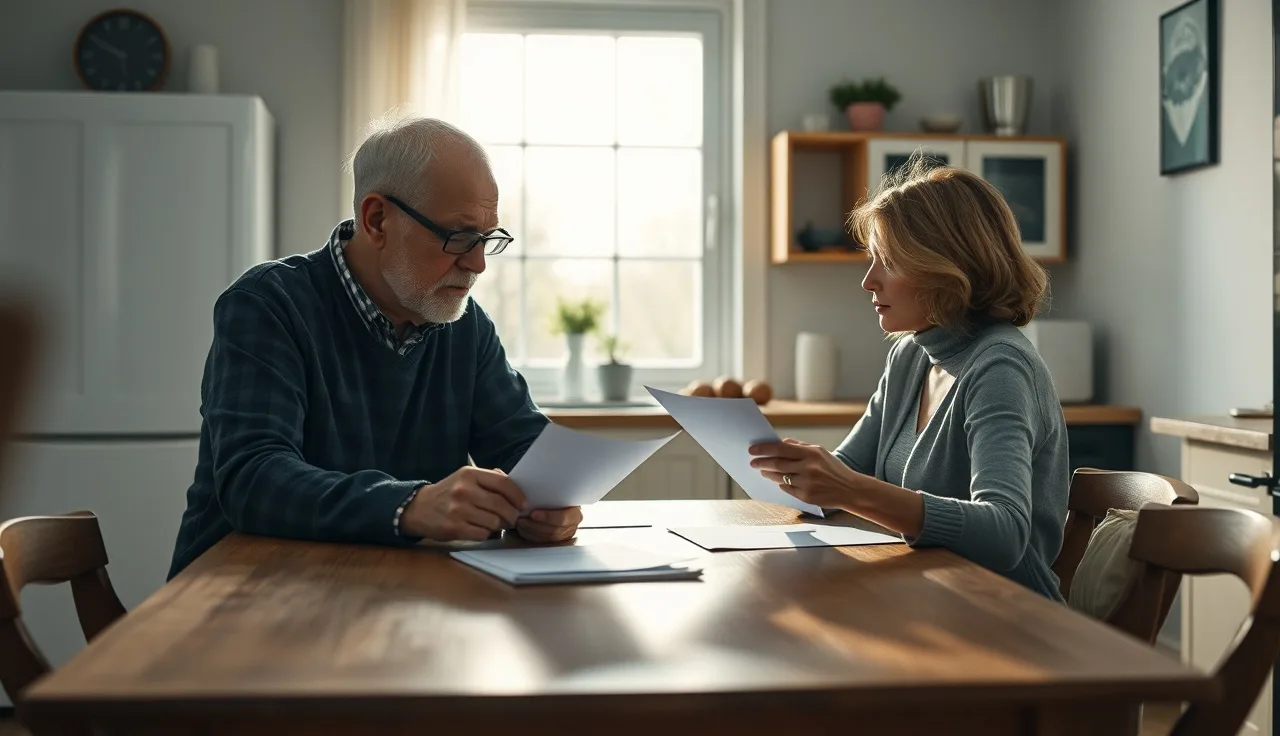 Two adults reviewing disability benefit paperwork at a kitchen table in morning light