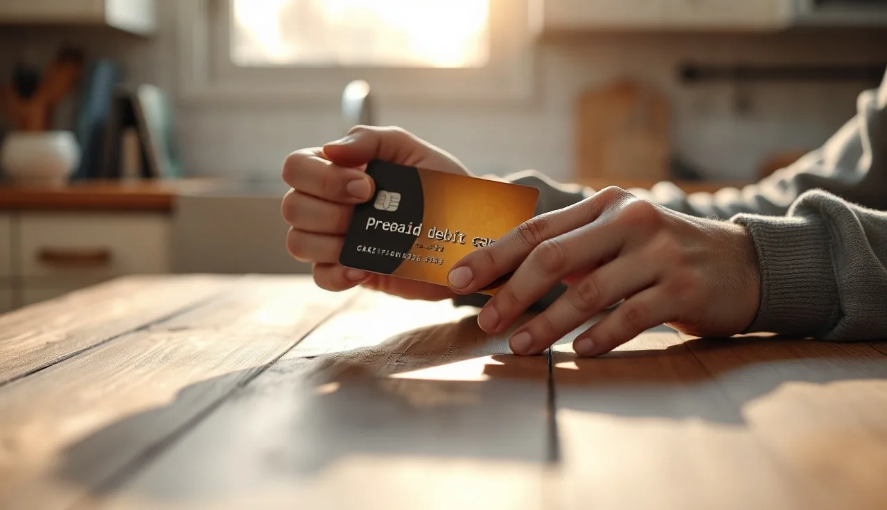 Person holding a prepaid debit card over a kitchen table in afternoon light