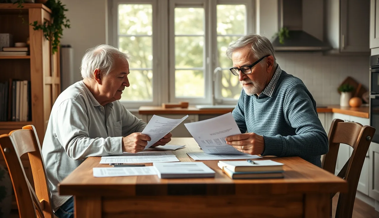 Two people reviewing disability benefit paperwork at a kitchen table