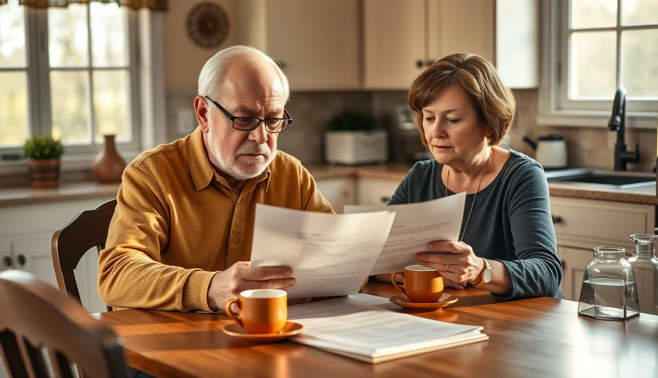 Two adults reviewing disability benefit documents at a kitchen table in Arkansas