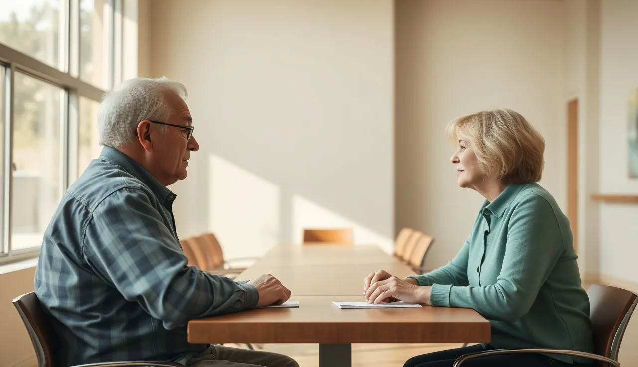 Two adults in a sunlit California office waiting room discussing disability benefits
