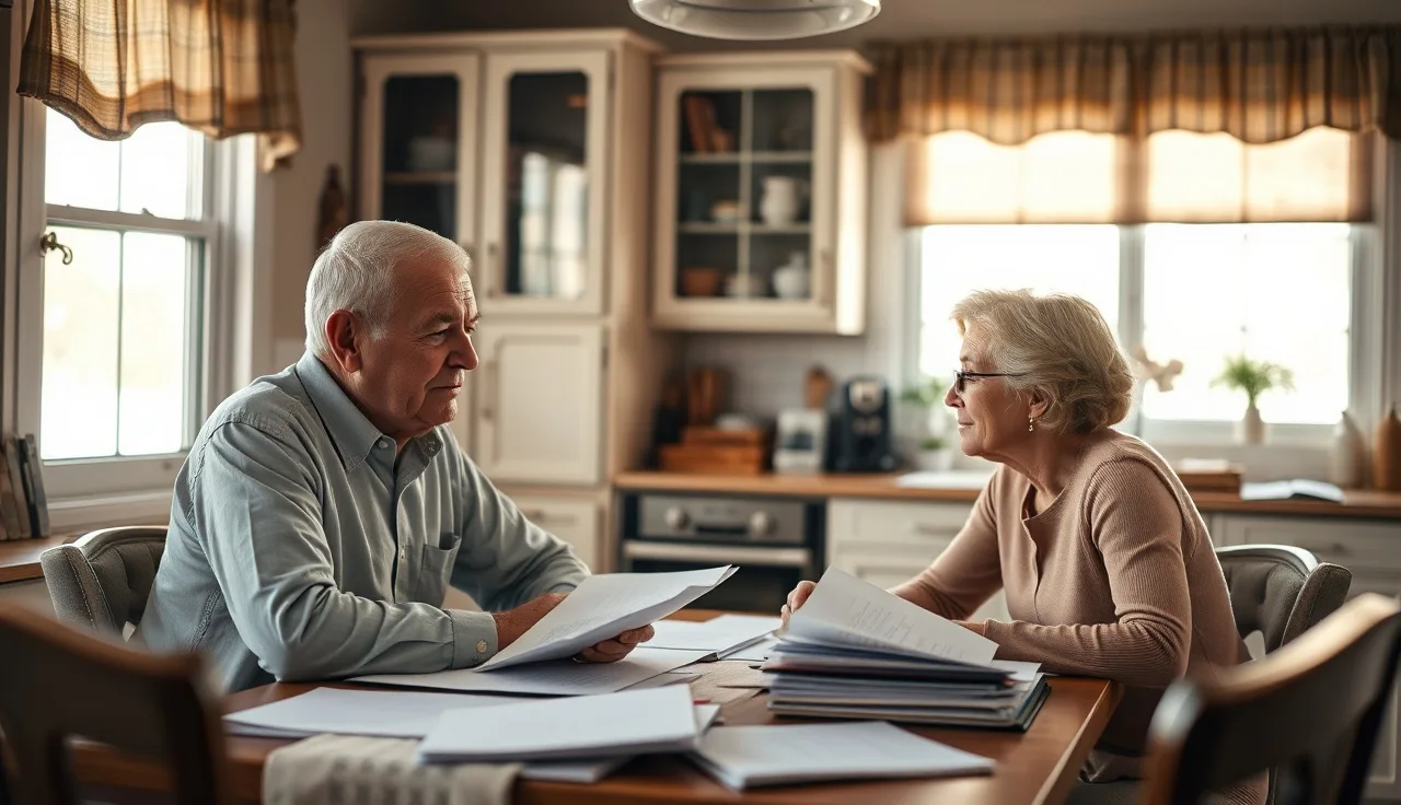 Two people reviewing disability benefit paperwork at a kitchen table
