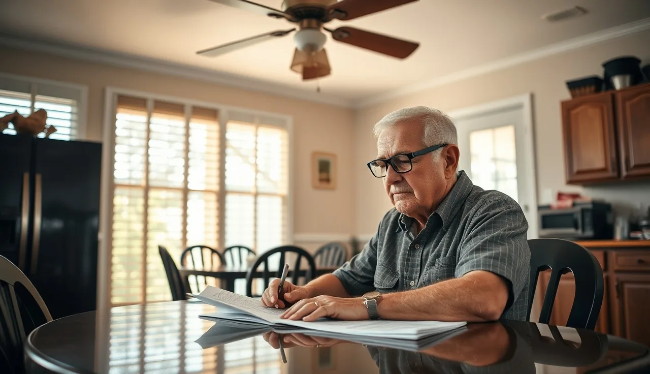 Older man with cane reviewing disability paperwork at a Florida kitchen table