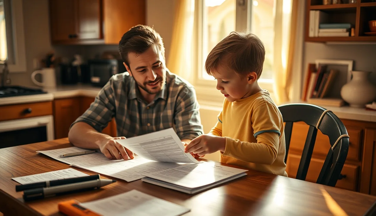 Parent helping disabled child with paperwork at kitchen table, morning light