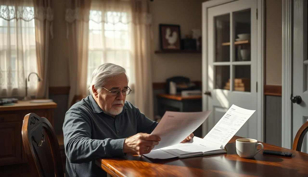 Man reviewing disability paperwork at kitchen table in Maryland home