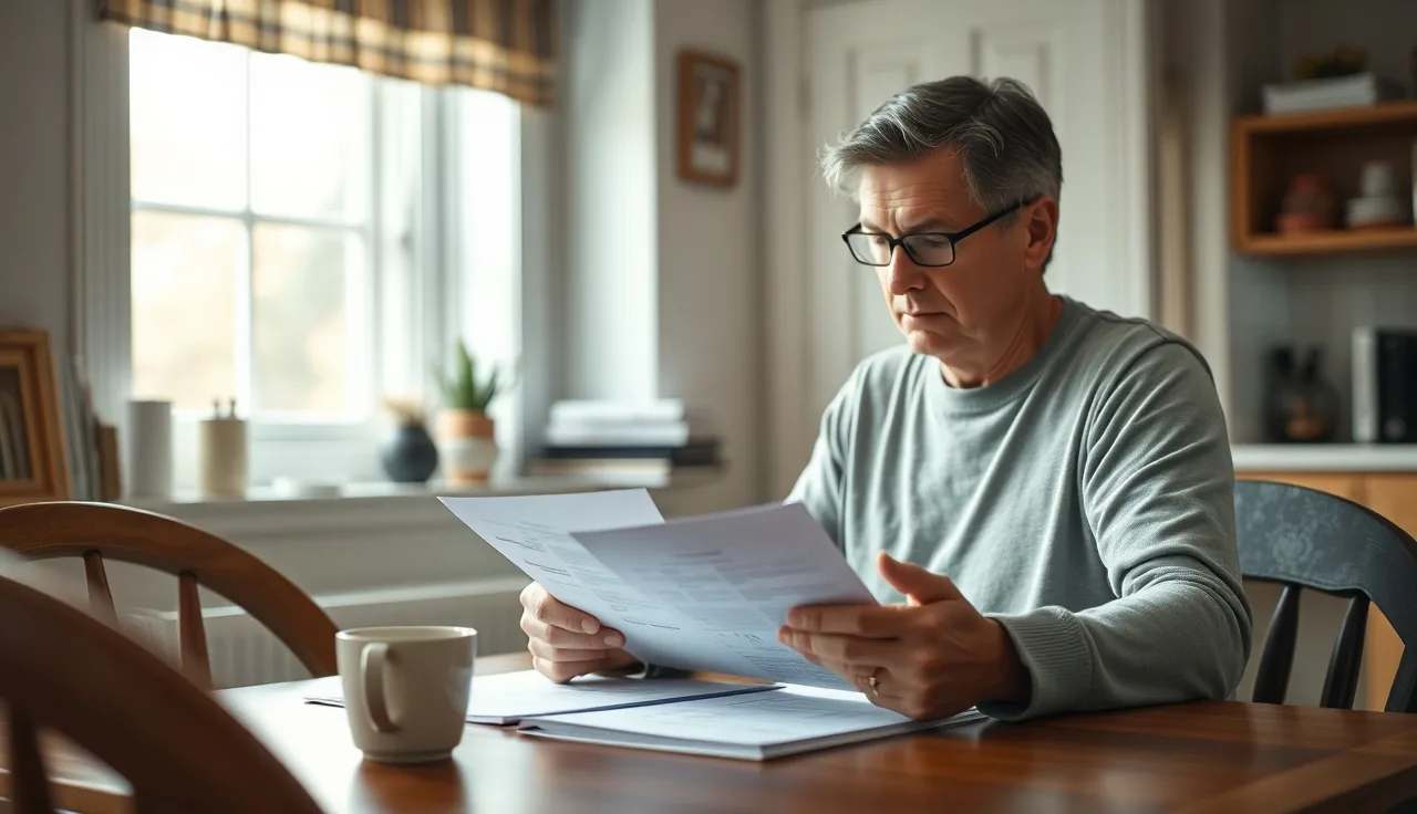Person reviewing disability paperwork at a kitchen table in morning light