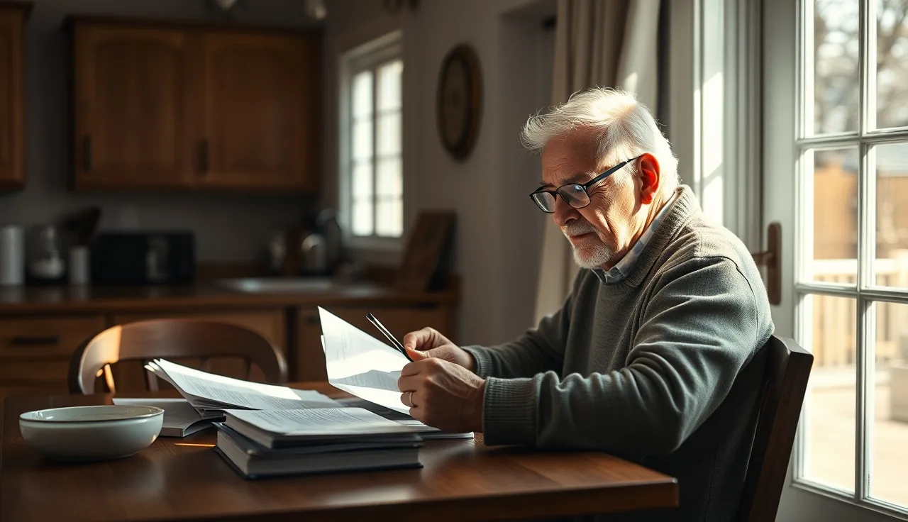 Older man reviewing disability back pay documents at a kitchen table