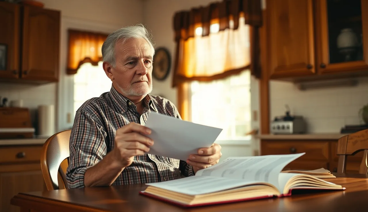 Elderly man at kitchen table holding an envelope, reviewing disability payment documents