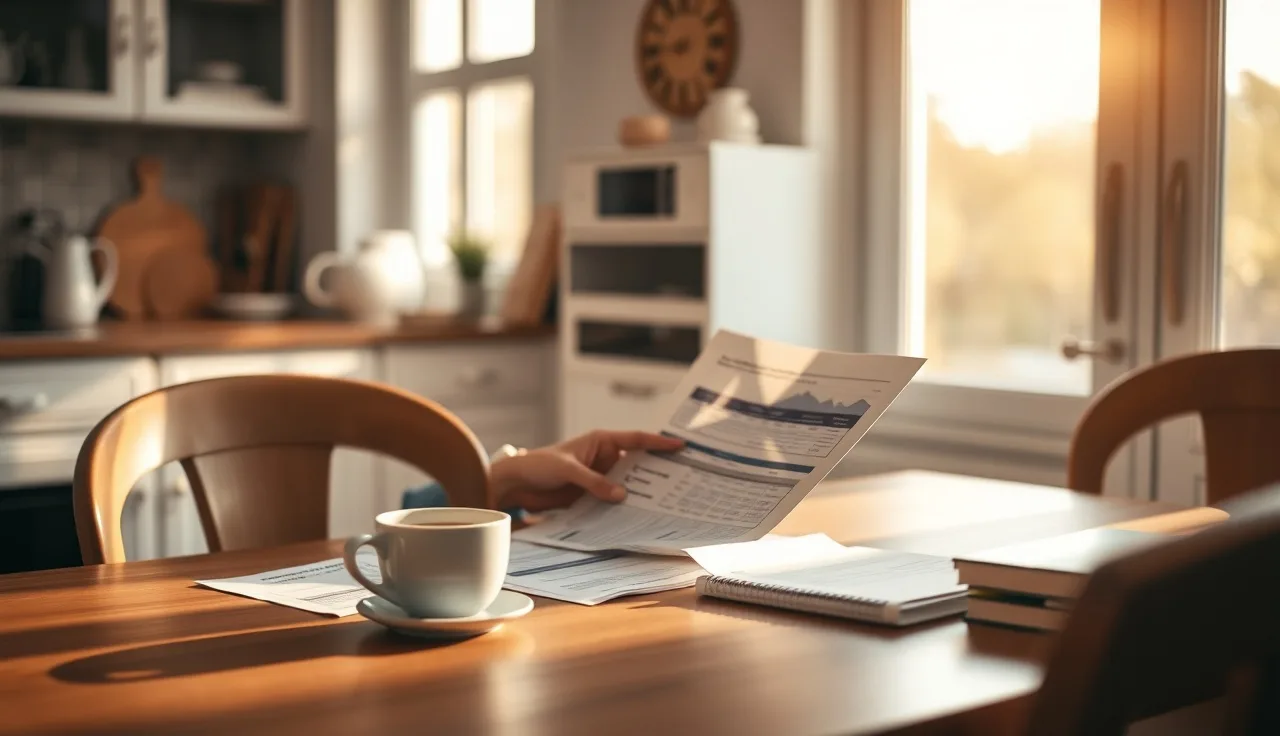 Person reviewing disability benefit documents at a kitchen table in morning light