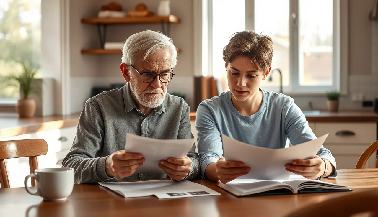Two adults reviewing disability benefit documents at a kitchen table