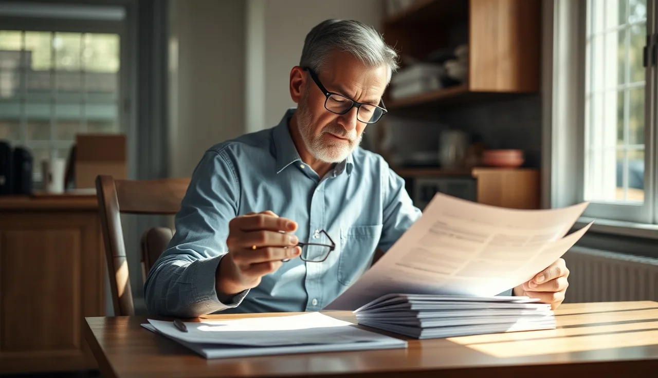 Man reviewing disability benefit paperwork at a kitchen table in morning light