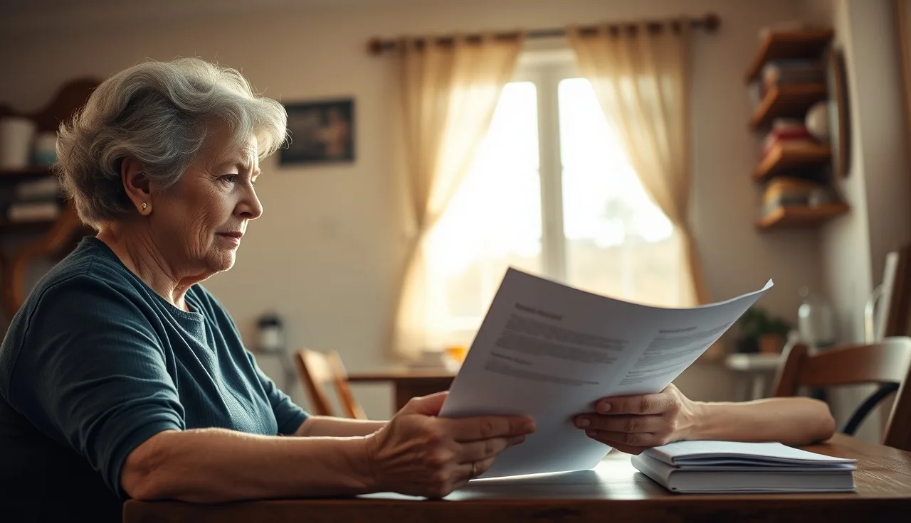 Two people reviewing SSI income paperwork at a kitchen table in a modest home