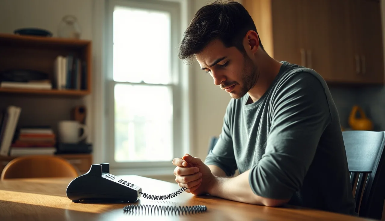 Person at kitchen table holding phone with concerned expression after missing SSI interview call