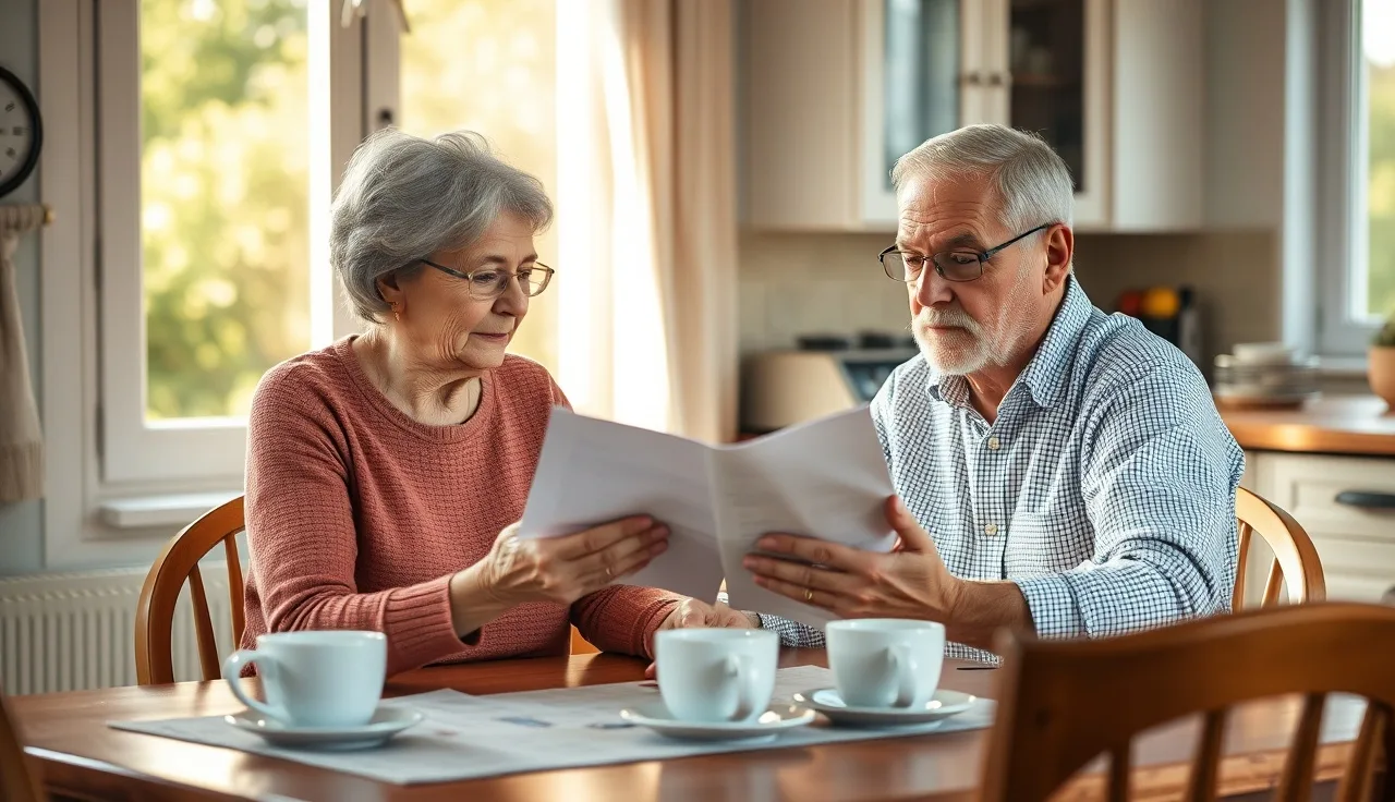 Older woman and younger man reviewing SSI disability documents at a kitchen table