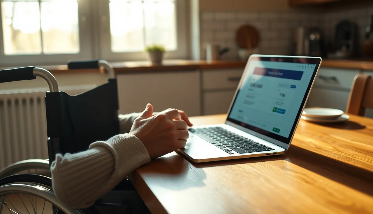 Person in wheelchair at kitchen table managing savings account on laptop
