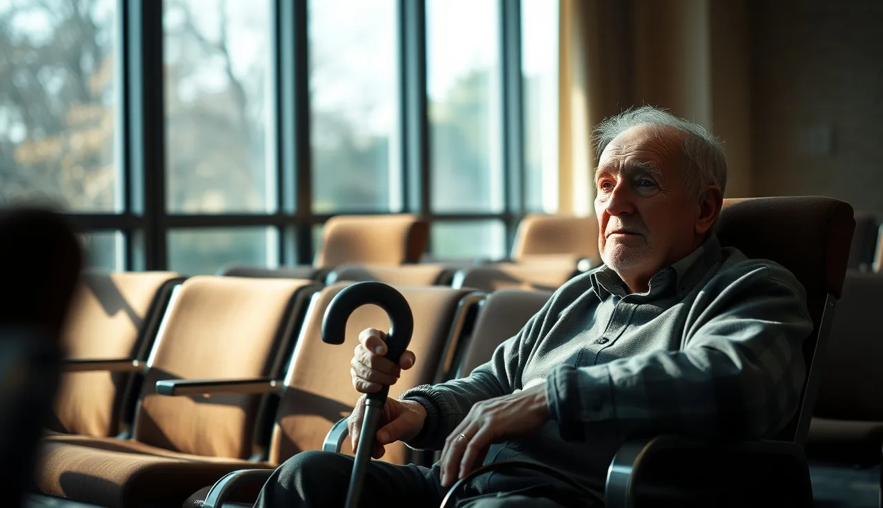 Elderly man with cane waiting in a government office for SSI help