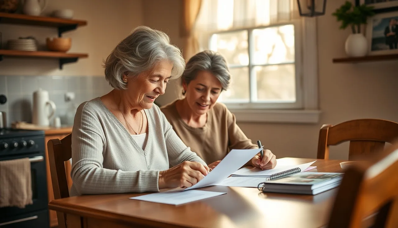 Adult daughter and mother reviewing household finances at kitchen table, SSI support discussion